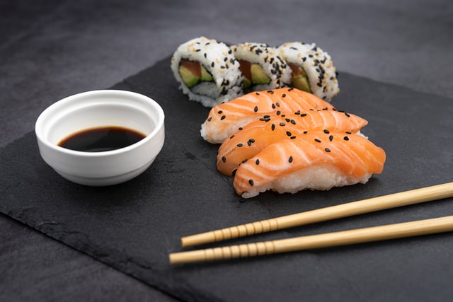 Sushi plate with chopsticks and soy sauce